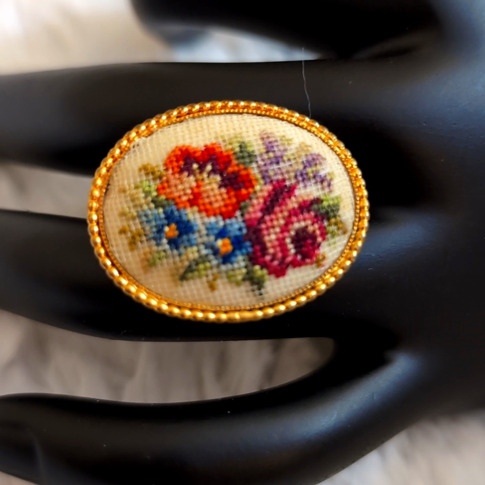 Vintage Multicolored Floral Bouquet Petit Point Brooch with Gold Toned Edging